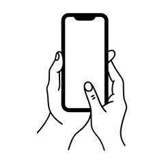 スマホの画面をタップしようとしている手のシンプルな手描き線画イラスト　透過背景の切り抜き