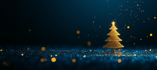 Fototapeta premium Minimalist glittery golden Christmas tree with bokeh lights on dark blue background 