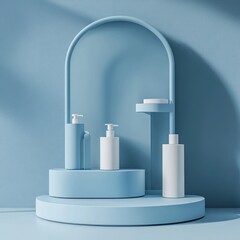 Clean, minimalist, light blue cosmetic display with white bottles