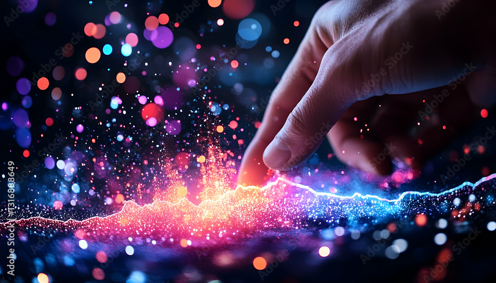 Poster a finger interacts with a vibrant dynamic data visualization glowing with red orange and blue hues s