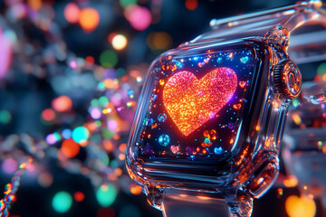 Digital heart icon pulsating on smartwatch screen with abstract calm patterns, soft blue and green hues creating a serene atmosphere of clarity and technology