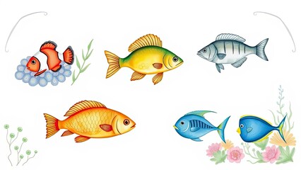 Naklejka premium Colorful Fish Illustration Marine Life Aquatic Animals Ocean Scene Underwater World Sea Creatures