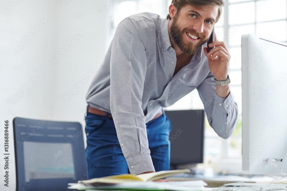 Aufkleber man, phone call and computer for financial plan in office, helping client and advisory chat. busines