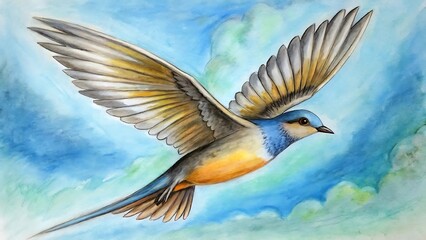 Obraz premium Beautifully Detailed Drawing of a Colorful Bird in Flight with Vibrant Blue and Orange Feathers Against a Serene Sky Background