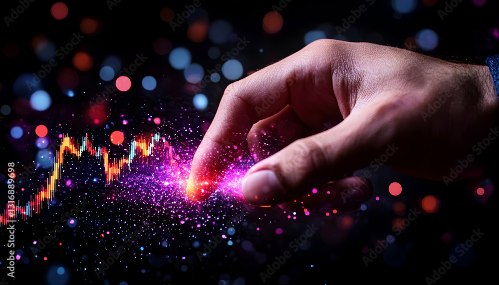 Poster a hand interacts with a vibrant glowing data graph sparkling particles illuminating the scene financ