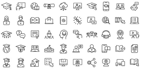 Online Education and E-Learning Line Icon Set – Distance Learning, Digital Courses, Virtual Classroom, Graduation, Online Certification, Webinar, Remote Study, School, Academic, Internet Training, Kno