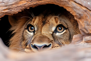 A lions face peers from a log Intense gaze close-up detail of fur and eyes