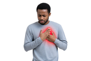 Man experiencing chest pain, heart attack symptoms, isolated on transparent background