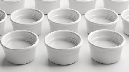 Empty white ramekins arranged in a grid