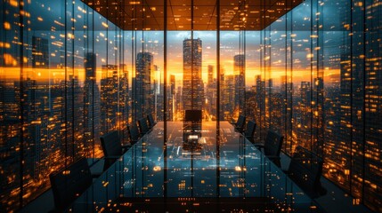 Plakat Modern boardroom with city skyline view
