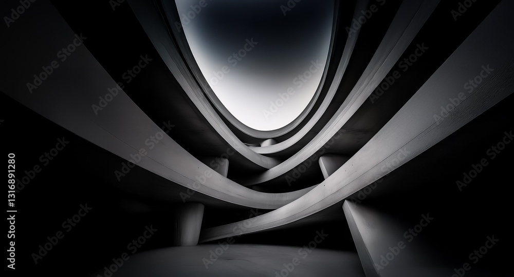 Poster abstract architectural structure with curved concrete lines and dramatic light and shadow, creating 