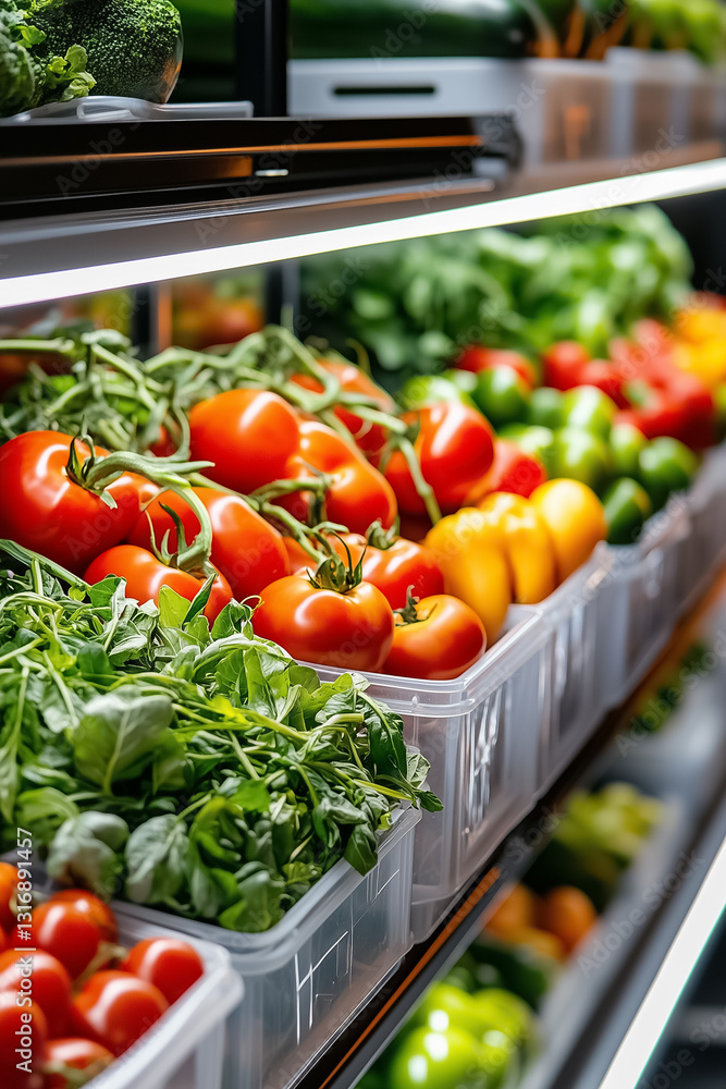 Poster a vibrant array of fresh vegetables arranged neatly in transparent plastic crates on metal shelving