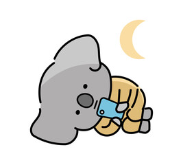 夜遅くにスマホを操作しているコアラのキャラクター