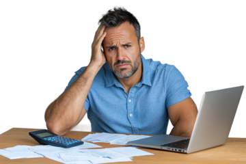 Worried middle aged man stressed about finances, isolated on transparent background