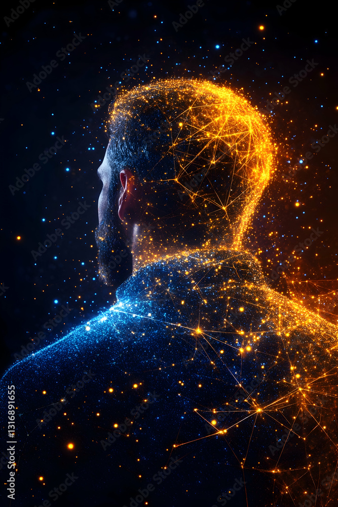 Aufkleber a persons back is depicted enveloped in a cosmic display of interconnected nodes and glowing particl