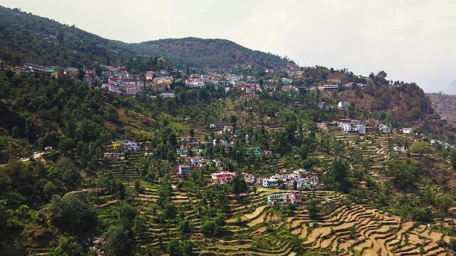 Aerial view of a Village near Kedarnath in Uttarakhand, India. It's a beautiful Indian village. 2 Different shots.