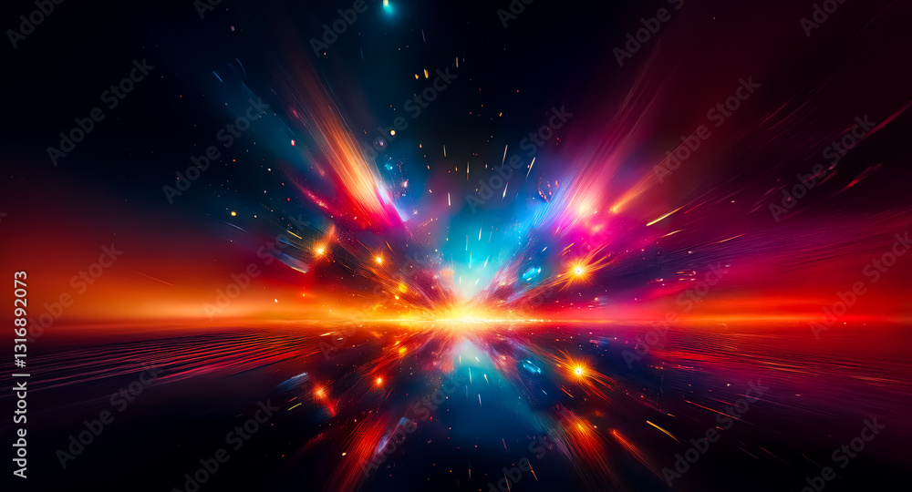 Aufkleber Abstract image of a vibrant explosion of light and colors spreading outwards in a dynamic burst against a dark backdrop.