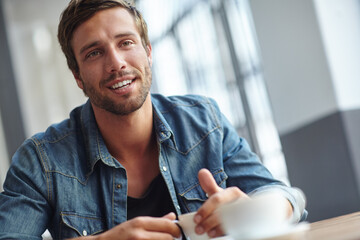 Man, thinking and cup of tea at cafe, customer and planning future or dream in restaurant....