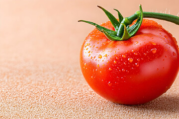 A single ripe red tomato with water droplets rests on a textured surface