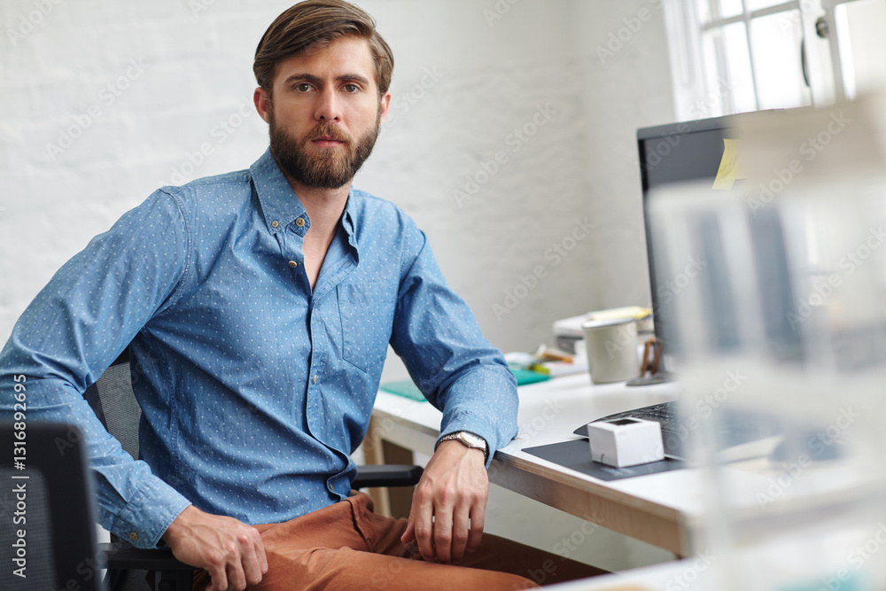 Poster man, portrait and computer for online administration in office, company website and digital filing. 