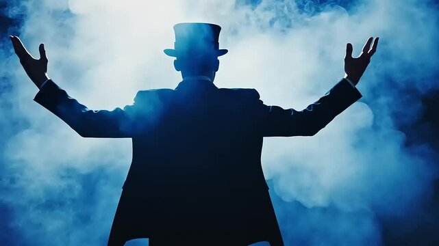 Mysterious magician performing in a smoky atmosphere, captivating the audience with charm