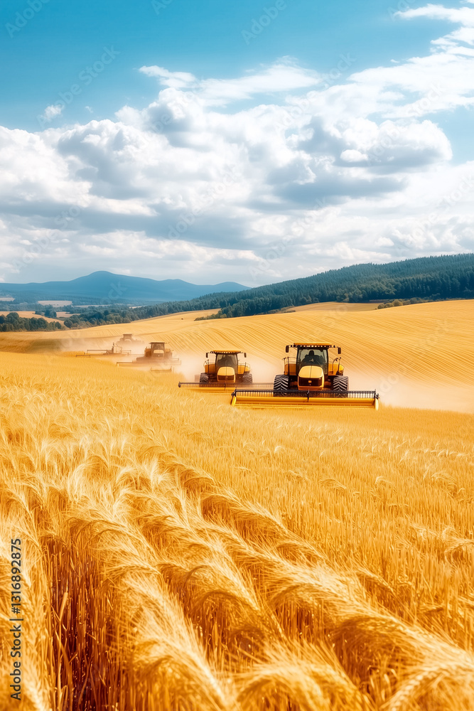 Aufkleber a breathtaking rural expanse features several combines efficiently working in a golden field. soft c