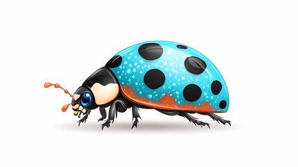 A vibrant blue ladybug with black spots and orange accents crawls across a white background  Its shiny shell and detail