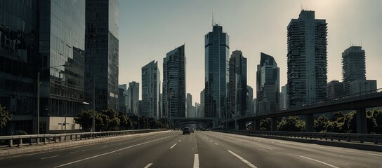 Wide City Road Cutting Through a Dense Urban Skyline
