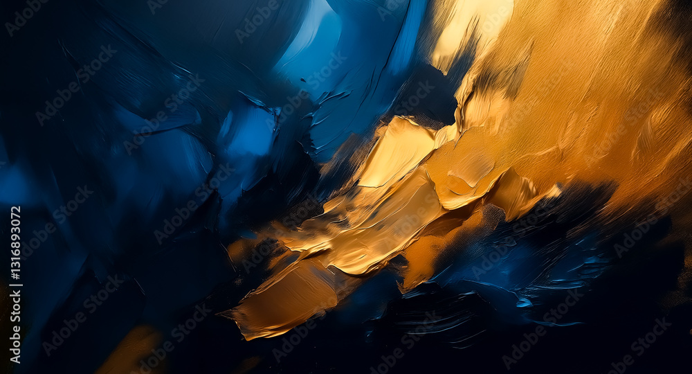 Poster abstract artwork featuring dynamic brushstrokes in contrasting gold and deep blue tones. the composi
