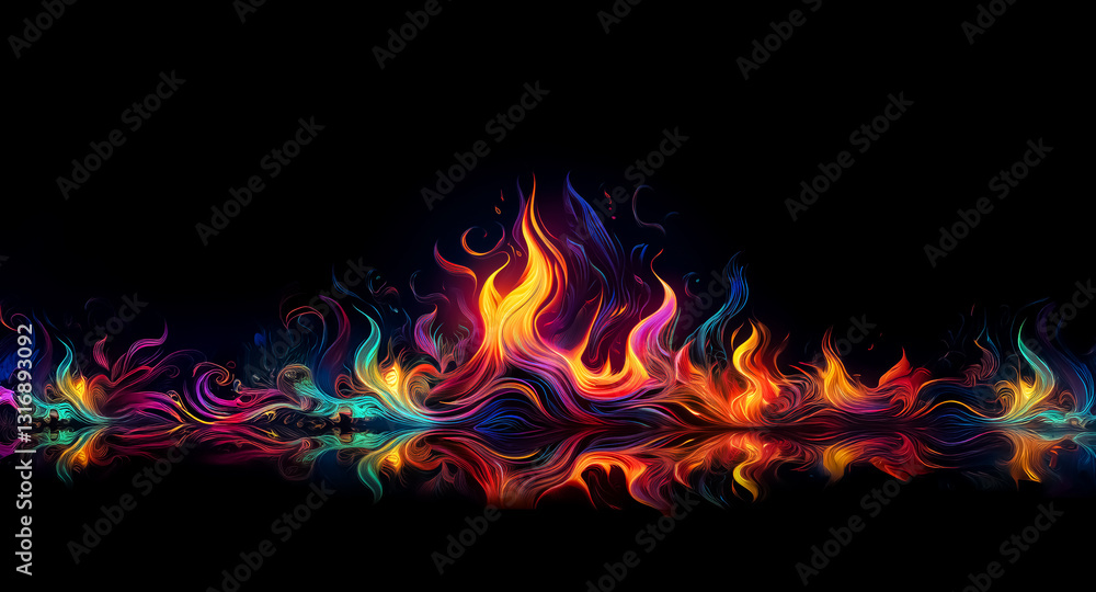 Poster vibrant, colorful flames dance against a stark black backdrop, creating a dramatic and artistic disp