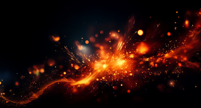 A vivid burst of fiery orange and yellow light erupts against a dark backdrop, creating a dynamic display of sparks and trails of energy.