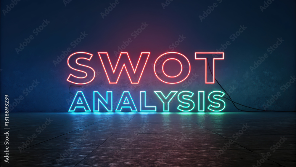 Poster sleek neon text displaying swot analysis against dark background, creating modern and futuristic atm