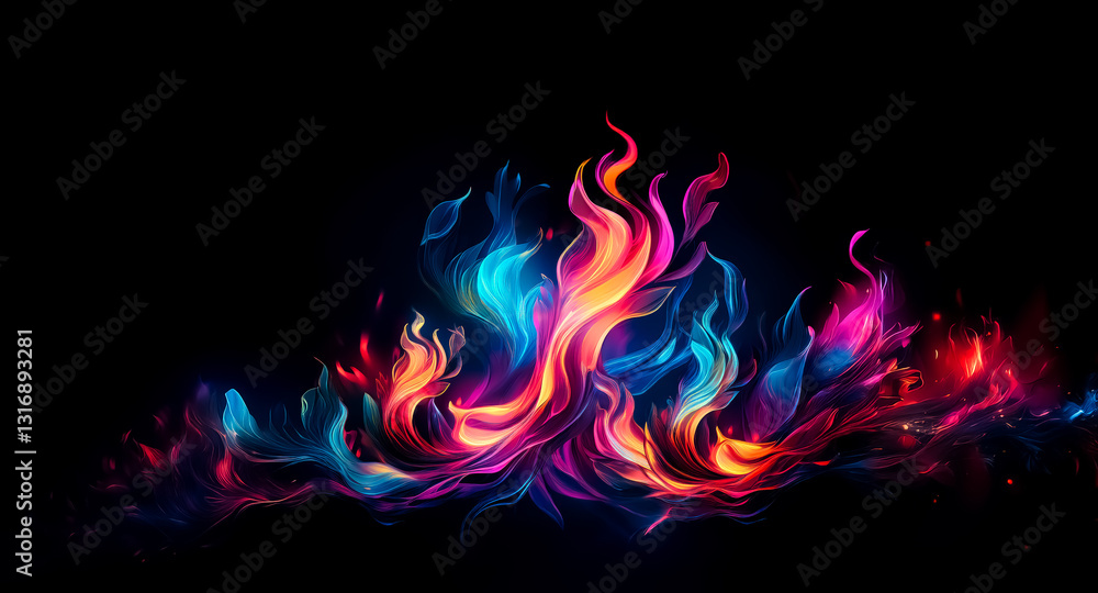 Poster Vibrant flames burst forth in a spectrum of colors, creating an abstract fire against a stark black background. Hues of blue, red, purple, and orange blend in a dynamic display.