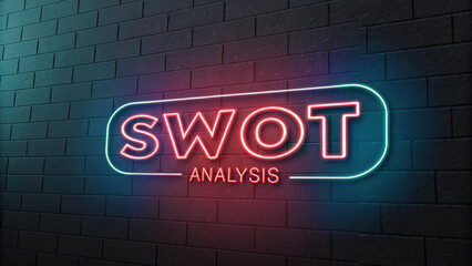 Sleek neon sign displaying SWOT Analysis on dark brick wall, symbolizing strategic planning and business evaluation. vibrant colors create modern and engaging atmosphere