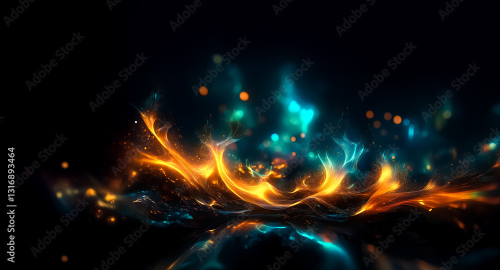 Aufkleber energetic light bursts in orange and teal on a black canvas. abstract glowing shapes create a dynami