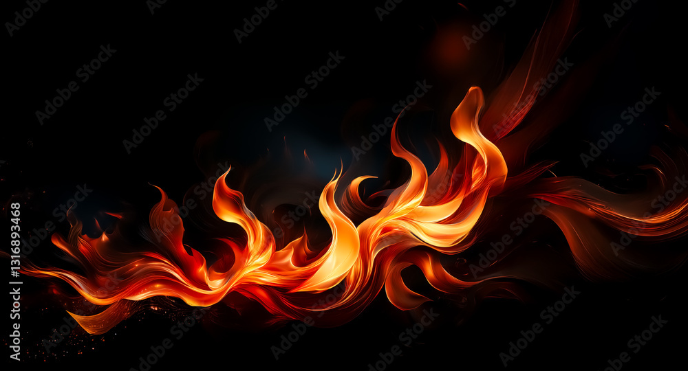 Poster fiery abstract design featuring vibrant orange and red flames gracefully dancing against a stark bla