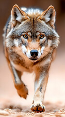 A wolf running towards the camera its fur a mix of gray brown and tan  The focus is sharp on the animal