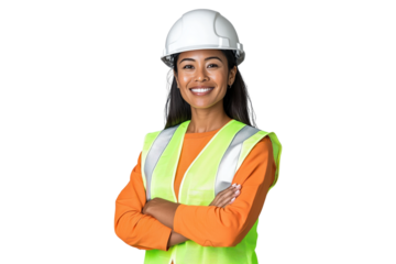 Smiling female construction worker isolated on transparent background