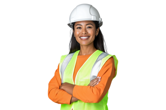 Smiling female construction worker isolated on transparent background
