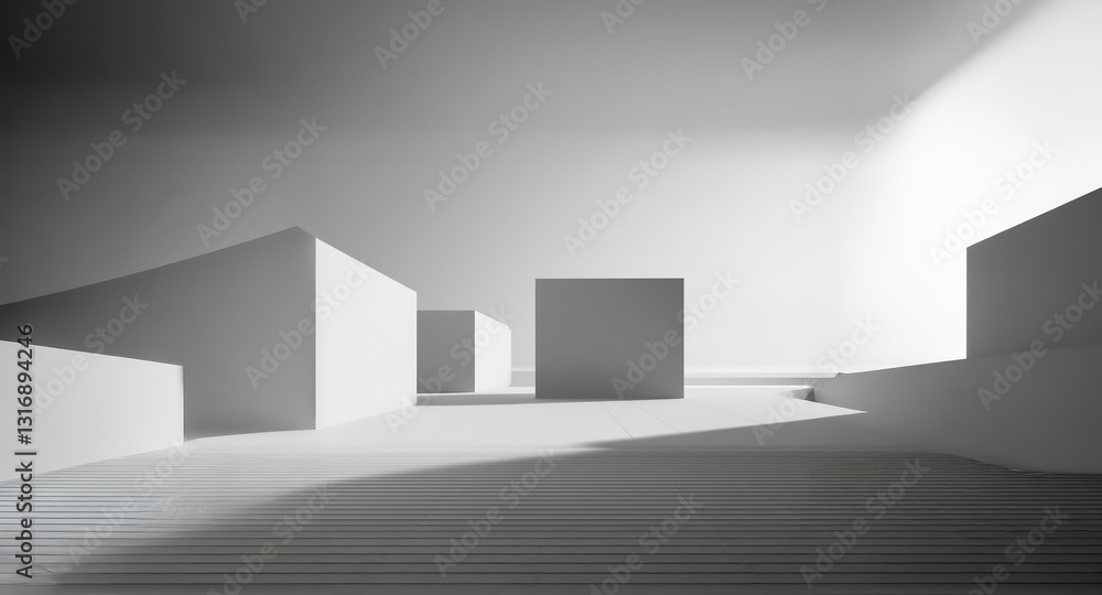 Poster minimalist architecture featuring white geometric volumes and subtle shadows in a bright, empty, and