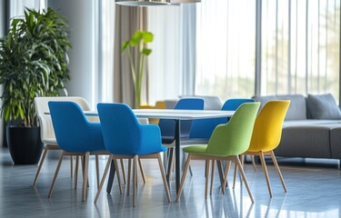 Modern office meeting room with colorful chairs and a large window.