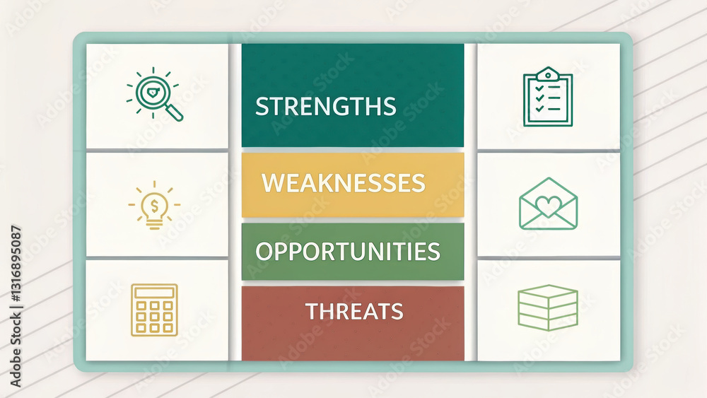 Poster structured swot framework displaying strengths, weaknesses, opportunities, and threats in visually a