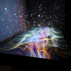A colorful, swirling pattern of lines and dots on a dark background