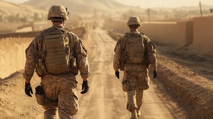 Soldiers walk dusty road in desert for distant buildings, heat haze.