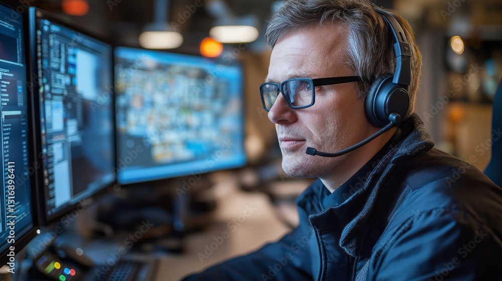 Poster A focused individual wearing a headset attentively monitors several large screens displaying various data and visuals. The setting is a contemporary control room, illuminated softly in the evening