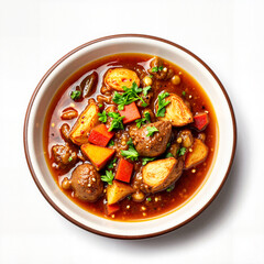 Delicious Hunter's stew in white bowl with fresh herbs, fine dining