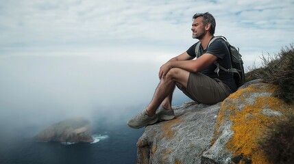 Man sitting on a cliff, gazing at the misty ocean, enjoying solitude and nature.
