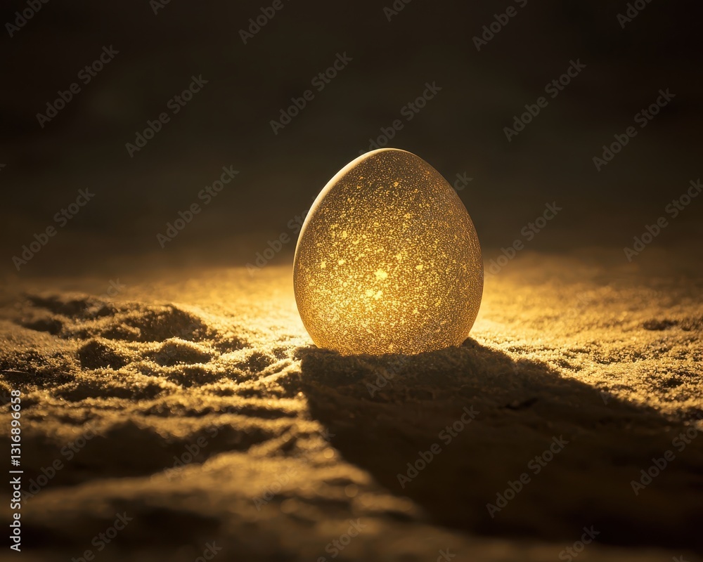 Poster illuminated golden egg on sand surface with soft glow effect