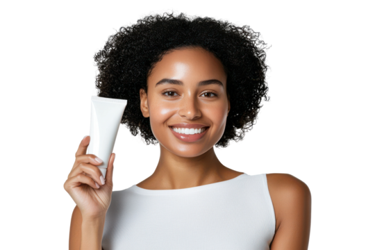 Happy woman holding a skincare product and smiling, isolated on transparent background