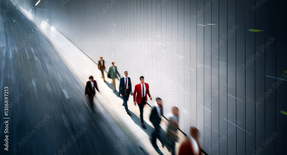 Poster blurred motion image of a group of people walking forward on a path leading to bright light. suggest